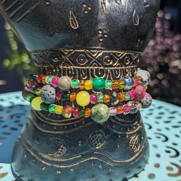 Hand Crafted Jewelry - Jasper Lava Stone Energy Bracelet Handmade Cute Coil Memory Wire Crystals Beads